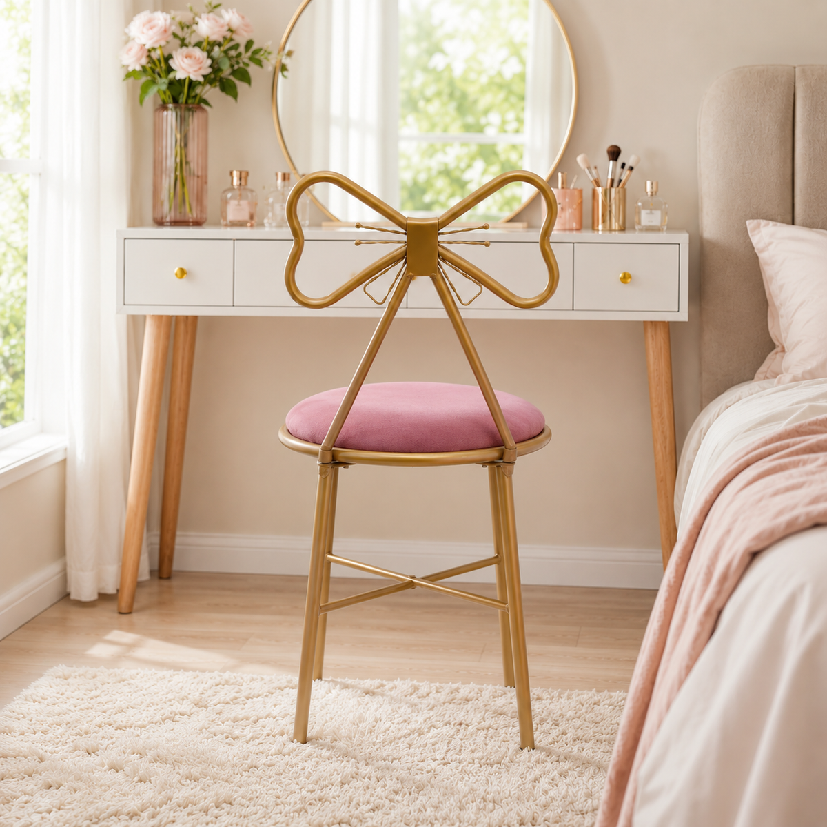 Gold Butterfly-Back Velvet Vanity Chair