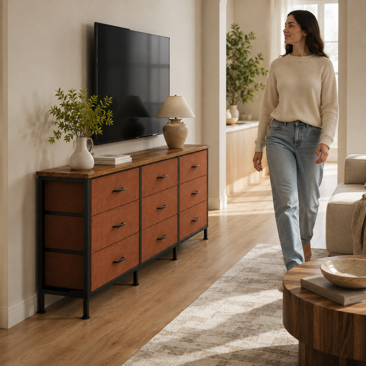 9-Drawer Fabric Dresser TV Stand