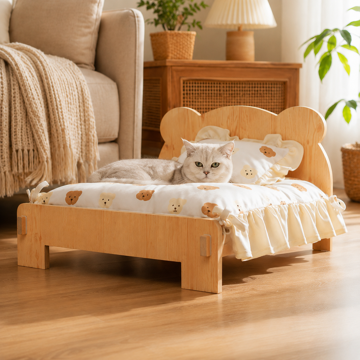 Wooden Cat Bed Frame with Bear Bedding
