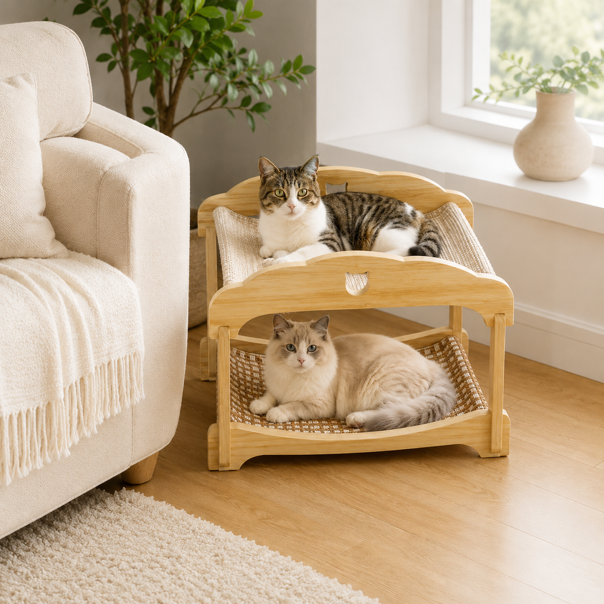 2-Tier Wooden Cat Hammock Bunk Bed