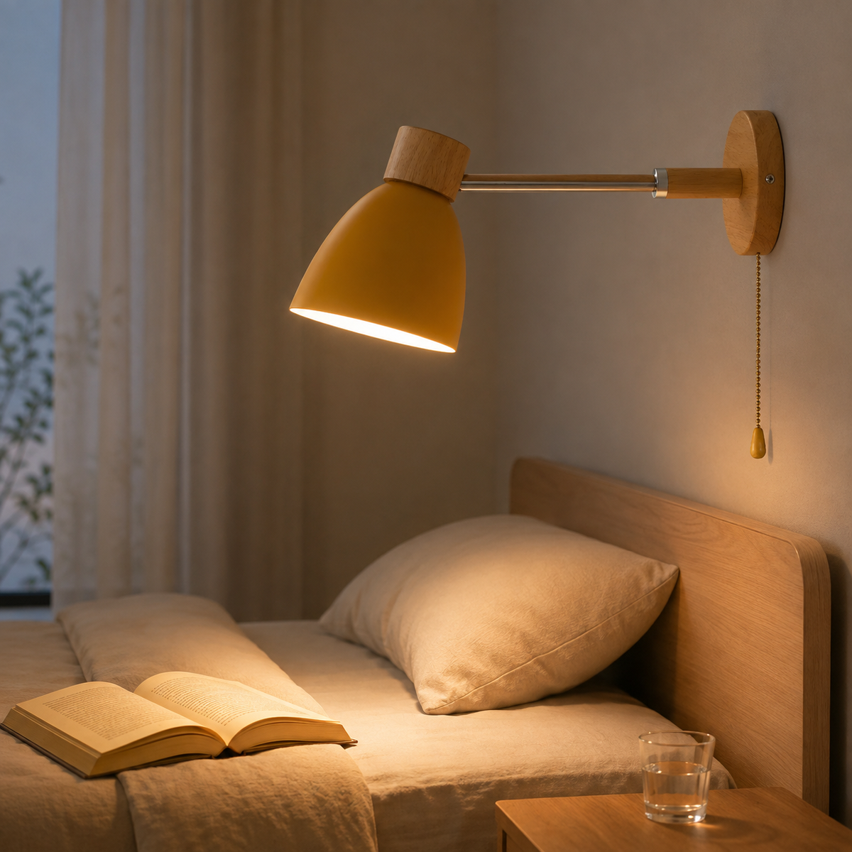 Wood Arm Pull-Chain Bedside Sconce