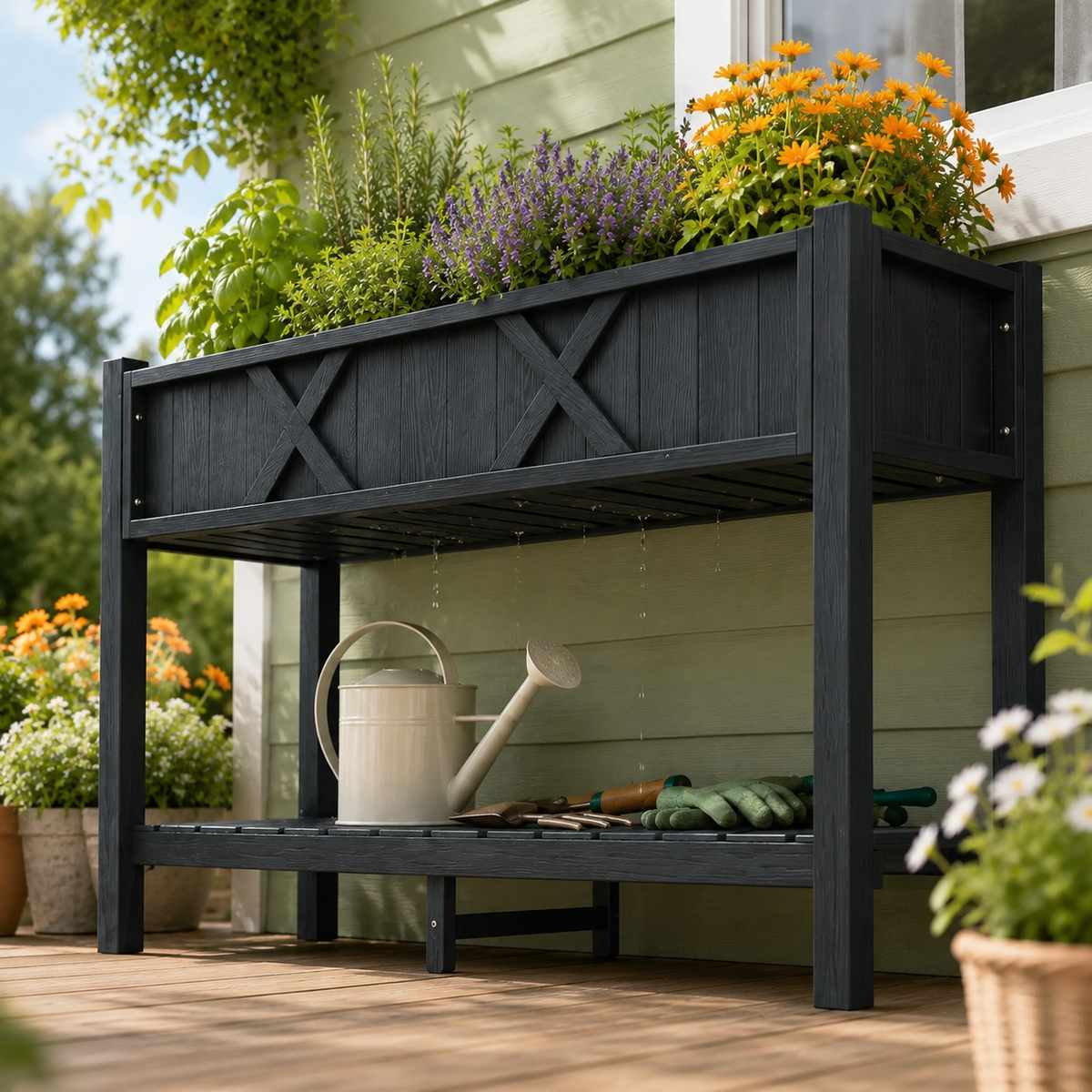 Elevated Garden Bed with Storage Shelf