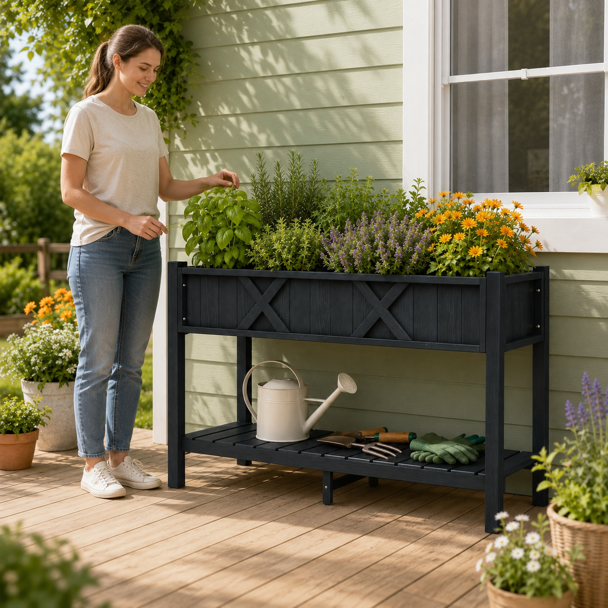 Elevated Garden Bed with Storage Shelf