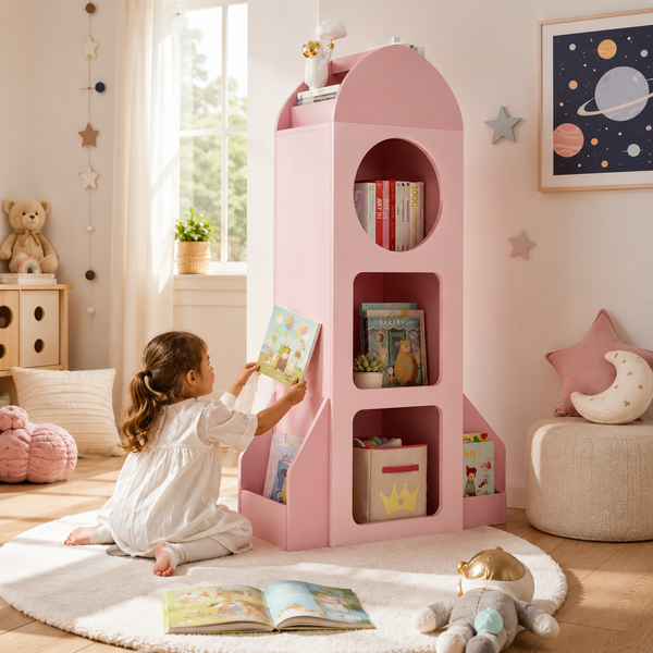 Rocket Ship Kids Bookshelf with Side Book Racks