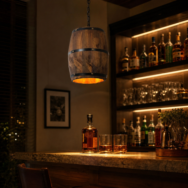 Rustic Wood Wine Barrel Pendant Light
