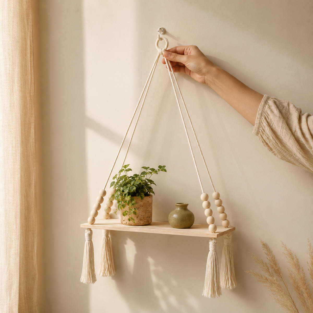 Macrame Rope Hanging Wood Shelf — product photo 3