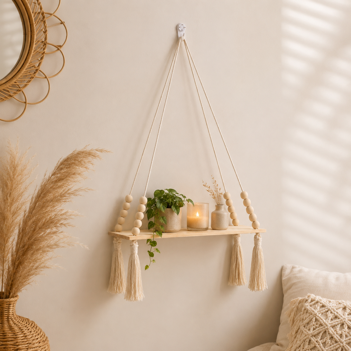 Macrame Rope Hanging Wood Shelf — product photo 6