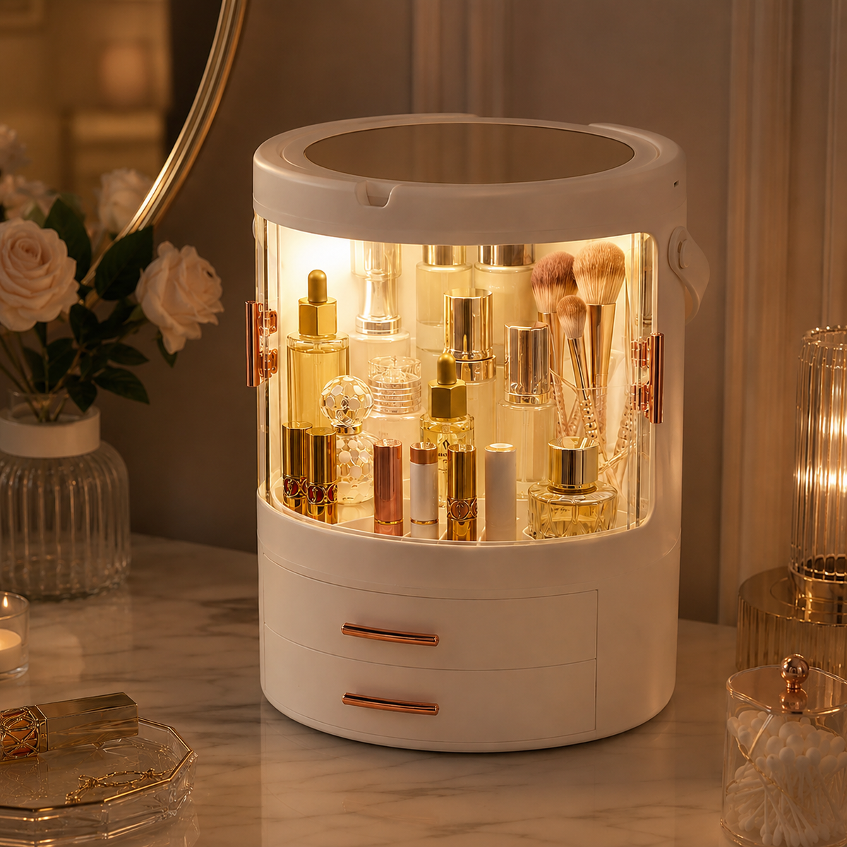 Rotating LED Makeup Organizer