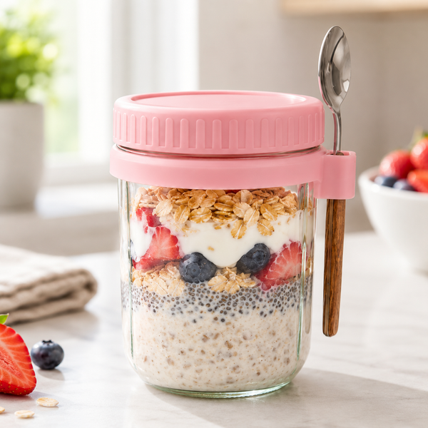 Overnight Oats Container with pink lid and side-clipped spoon, glass jar layered with oats, yogurt and berries