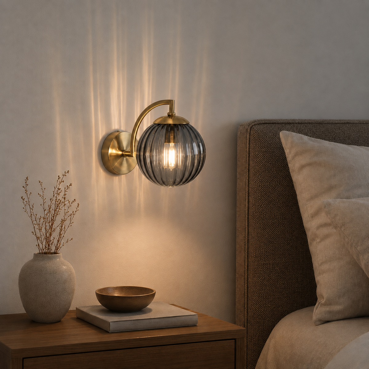 Ribbed Glass Globe Brass Wall Sconce