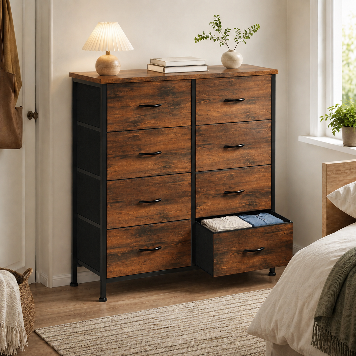 8-Drawer Fabric Dresser with Wood Top
