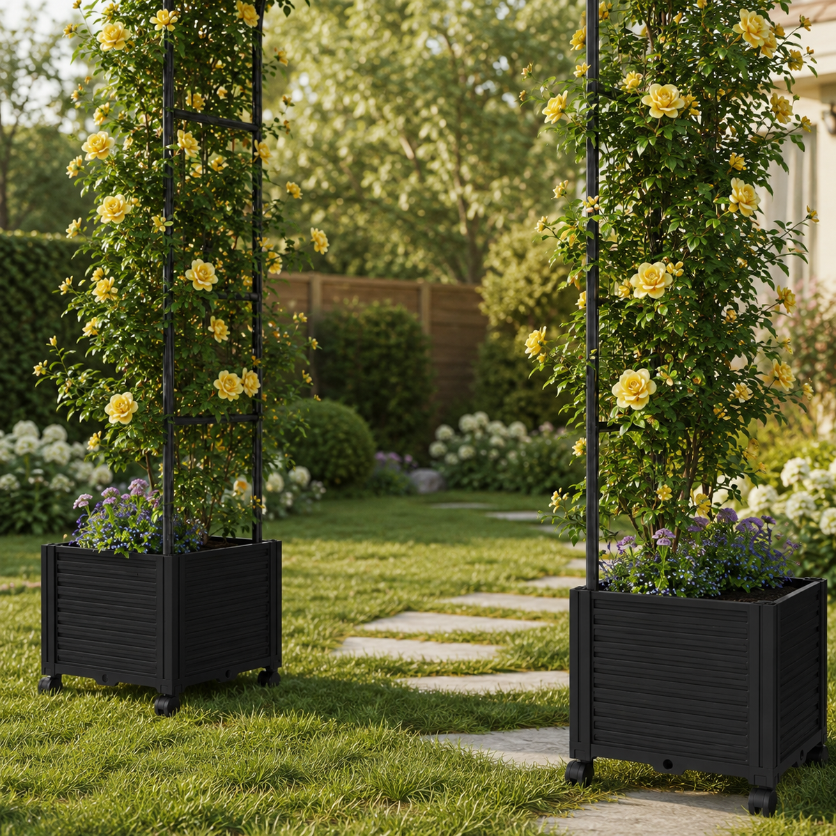 Steel Garden Arch with Rolling Planter Boxes