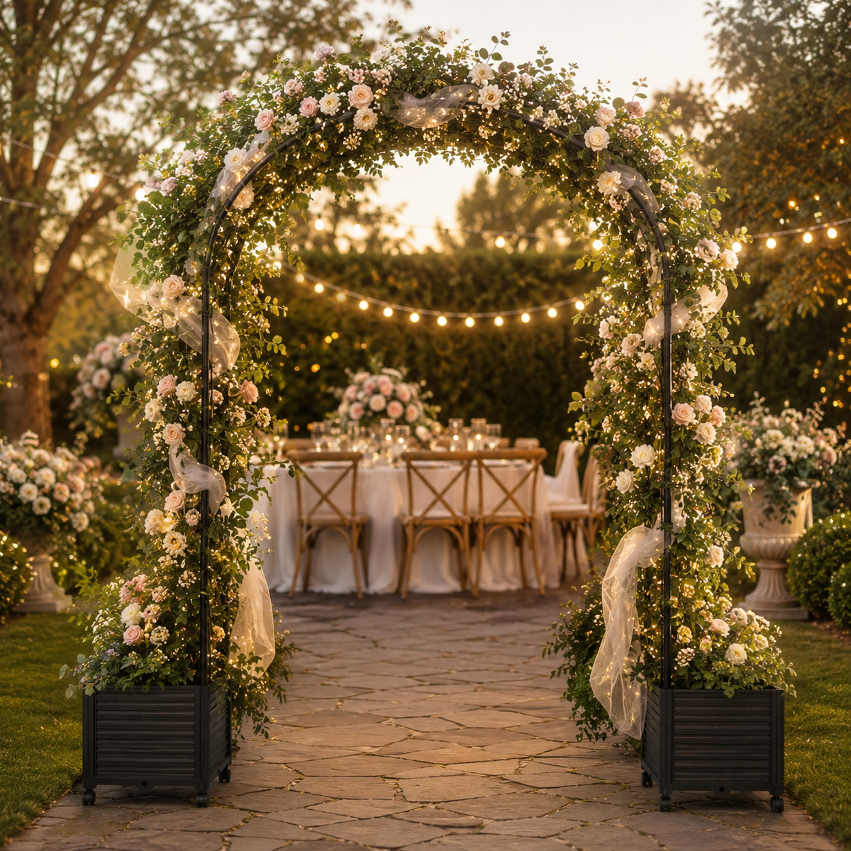 Steel Garden Arch with Rolling Planter Boxes