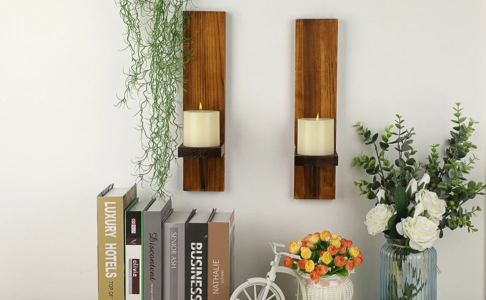 Rustic Wood Pillar Candle Wall Sconces, Set of 2
