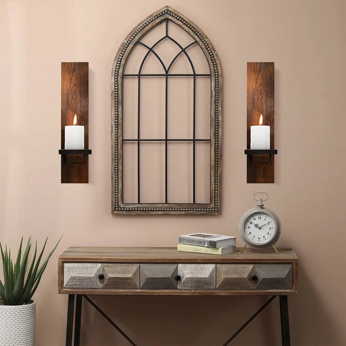 Rustic Wood Pillar Candle Wall Sconces, Set of 2