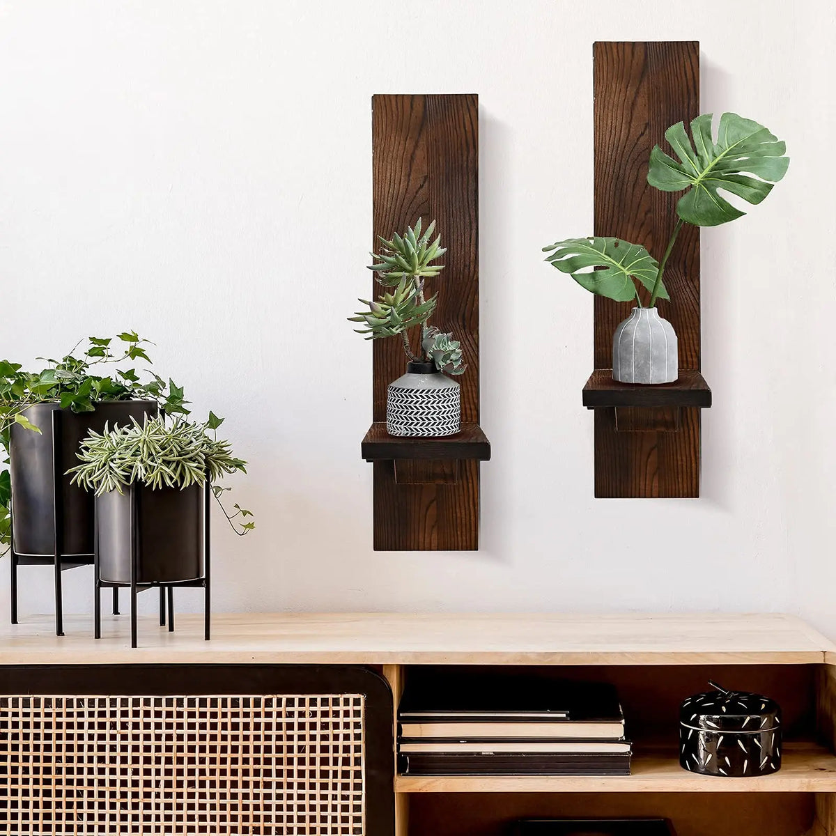 Rustic Wood Pillar Candle Wall Sconces, Set of 2