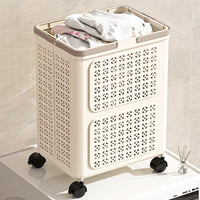 Cream foldable rolling laundry basket on wheels, filled with clothes beside a washing machine