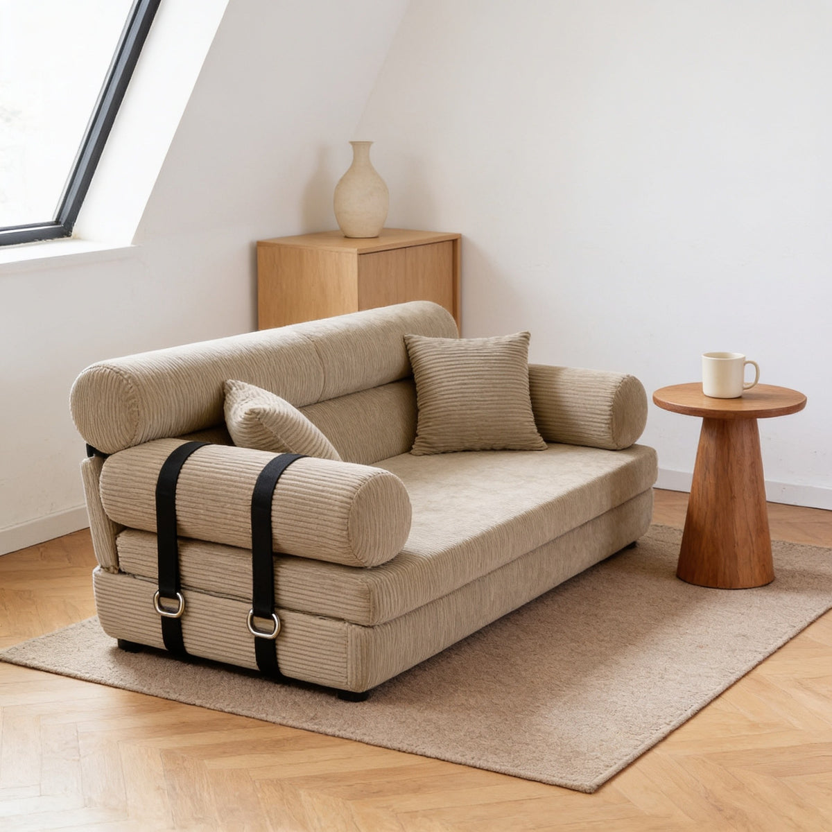 The compact fifty-nine inch folding sofa bed in a small studio corner beside a forty-five centimetre side table.