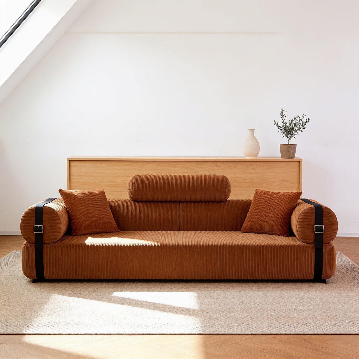 Brown corduroy folding sofa bed in sofa mode, seventy-nine inch size.