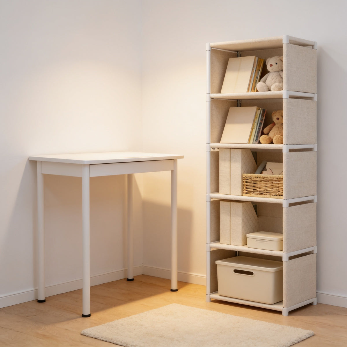 Five-tier white cube bookshelf in a child's bedroom beside a small desk.