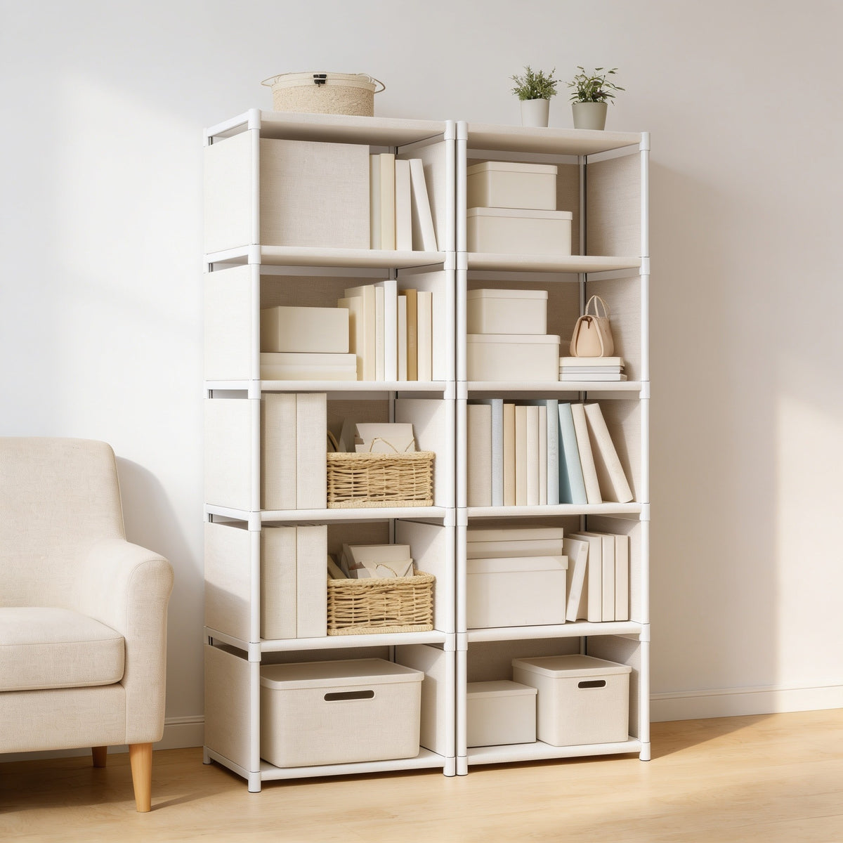 Double-width six-tier white cube bookshelf beside an armchair.