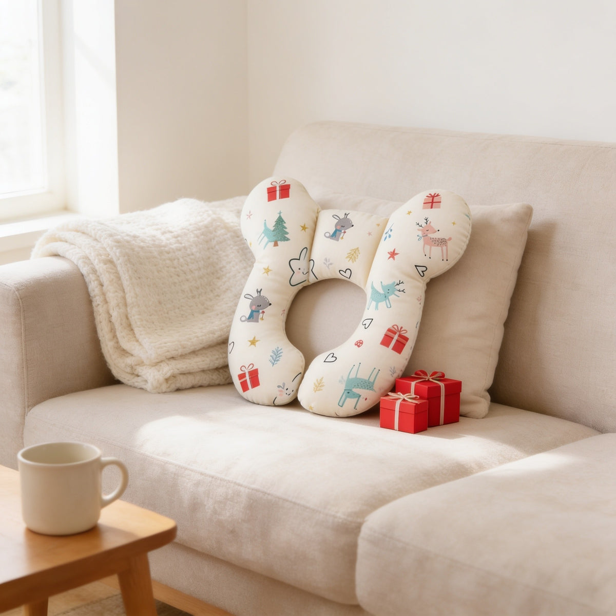 Woodland deer print U-shaped toddler neck pillow.