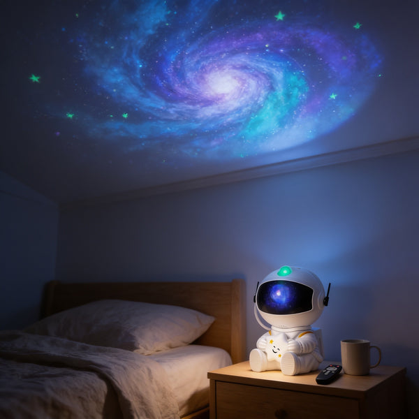 White astronaut galaxy projector on a nightstand casting a blue and violet nebula across a dark bedroom ceiling.
