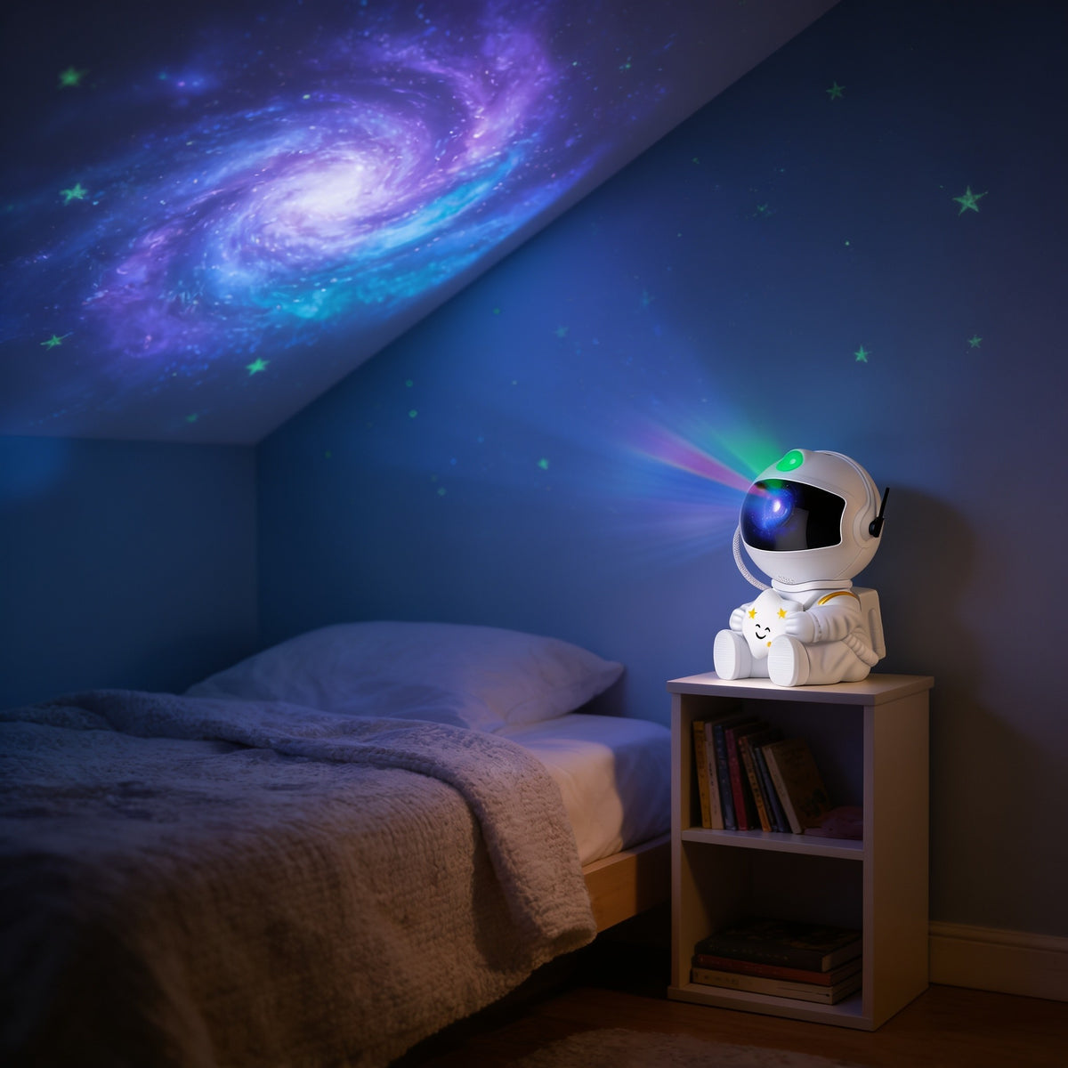 Astronaut projector on a small bookshelf filling a child's bedroom wall with a galaxy and green stars at dusk.