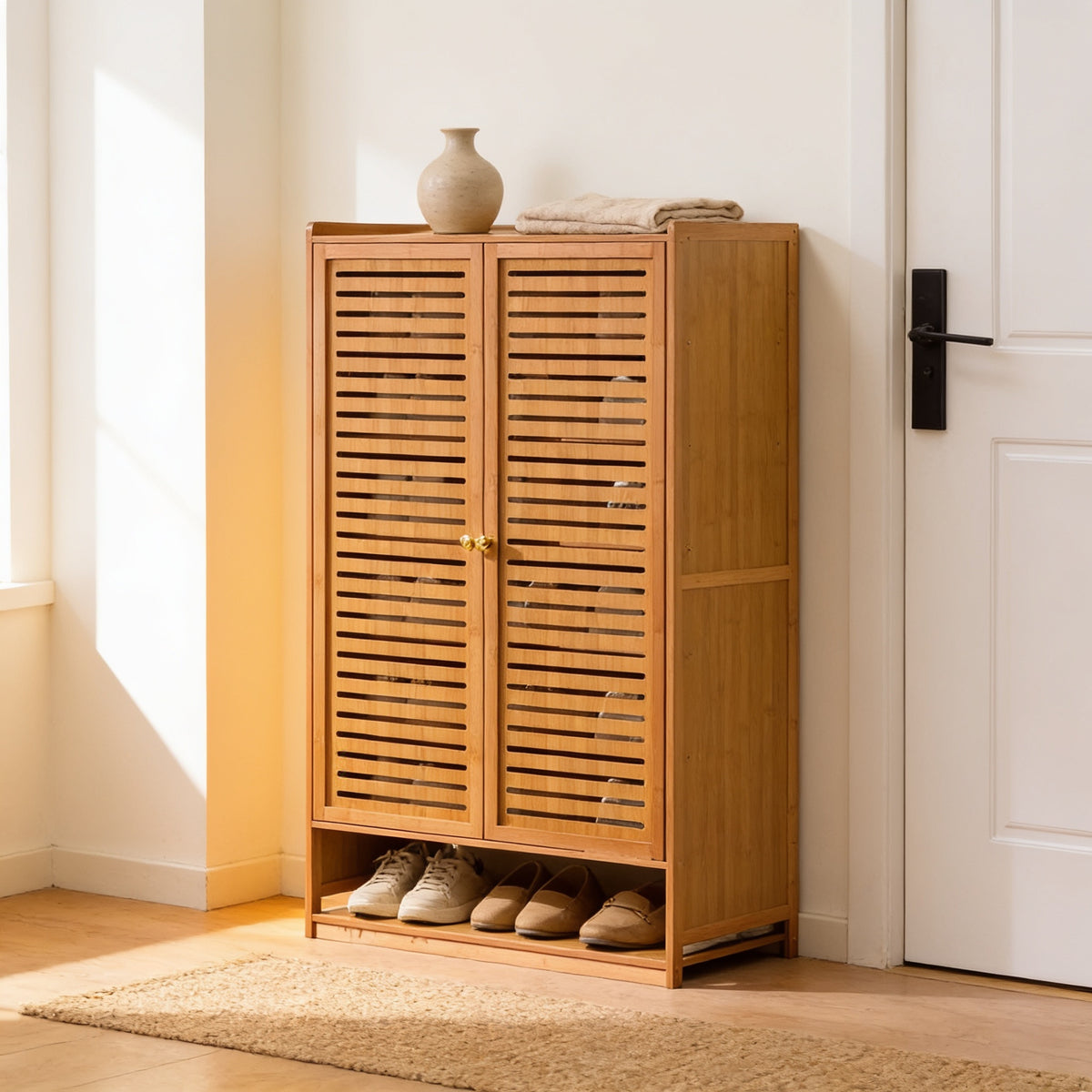 Two-door bamboo-frame shoe cabinet with slotted doors, 107 cm tall, beside a white door in a bright entryway