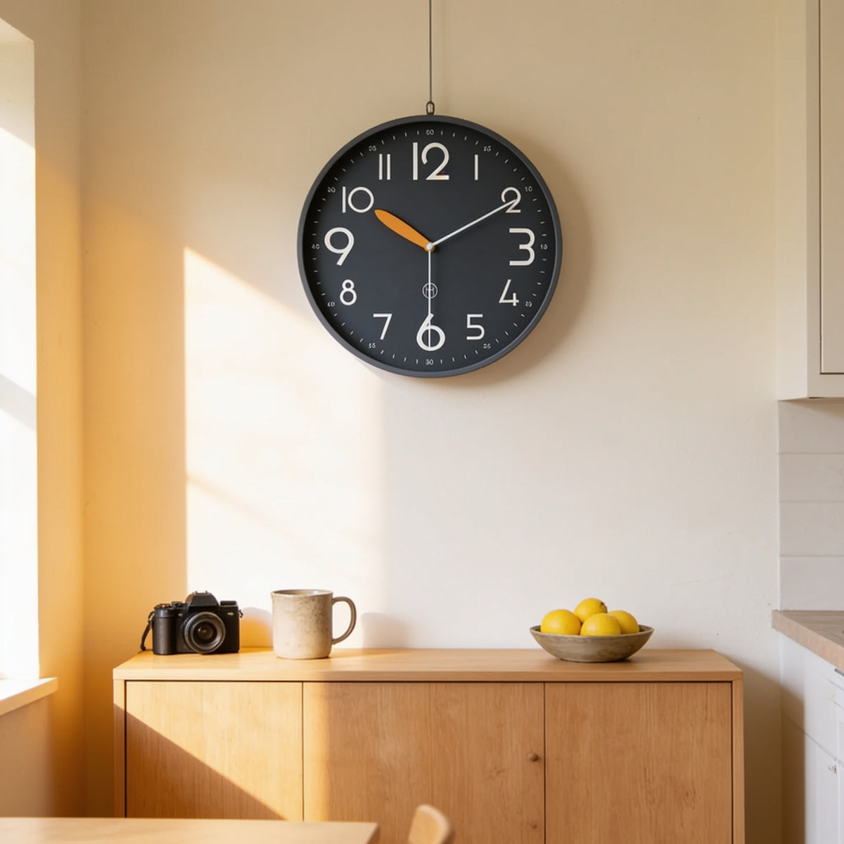 Charcoal grey bold numeral wall clock above an oak sideboard in a sunlit kitchen
