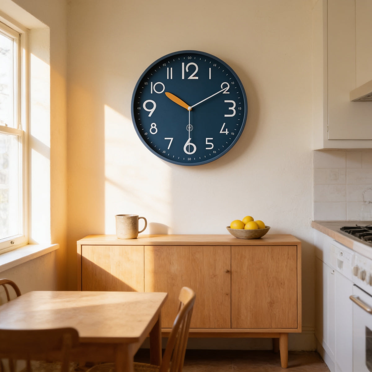 Navy blue bold numeral wall clock above an oak sideboard in a sunlit kitchen