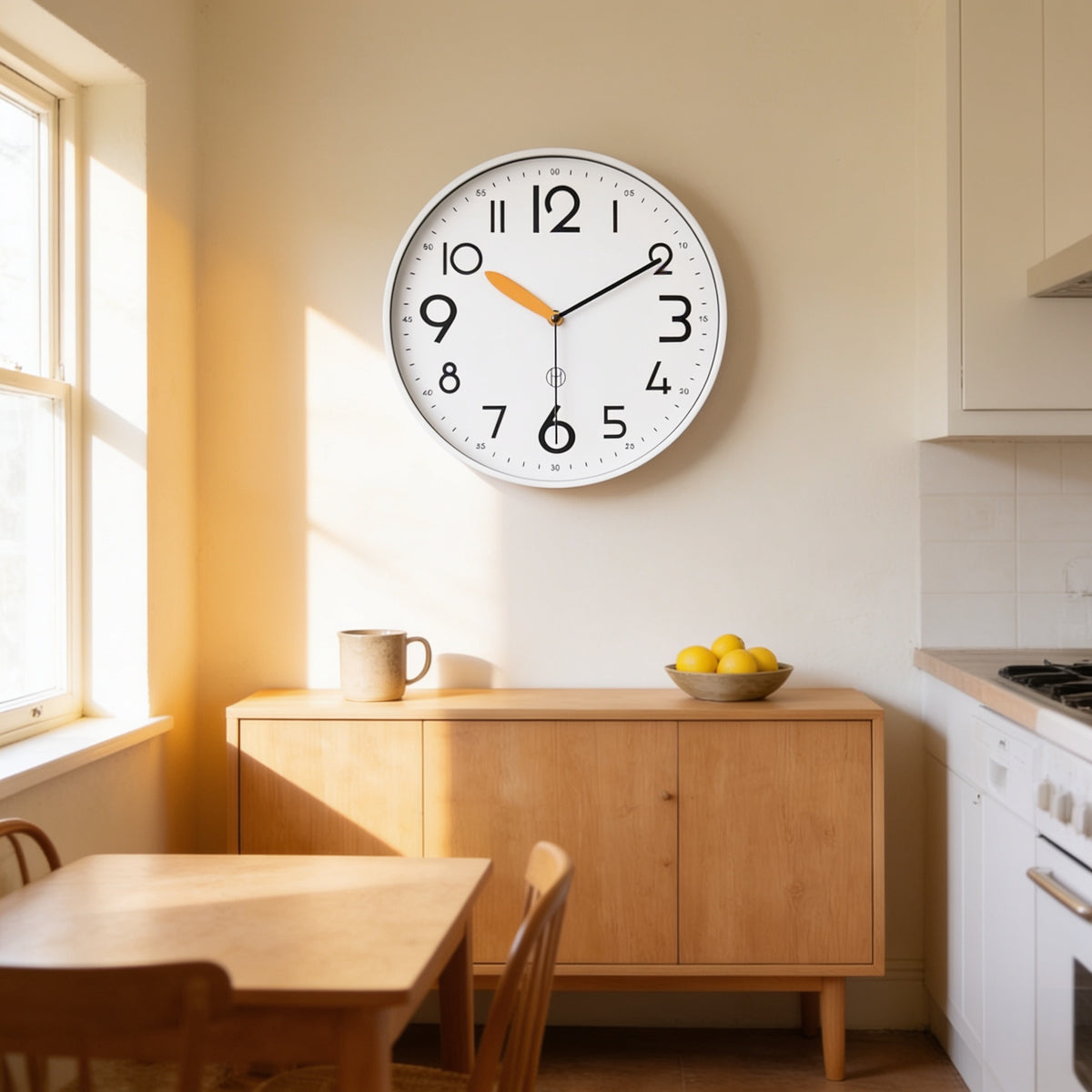 White bold numeral wall clock above an oak sideboard in a sunlit kitchen