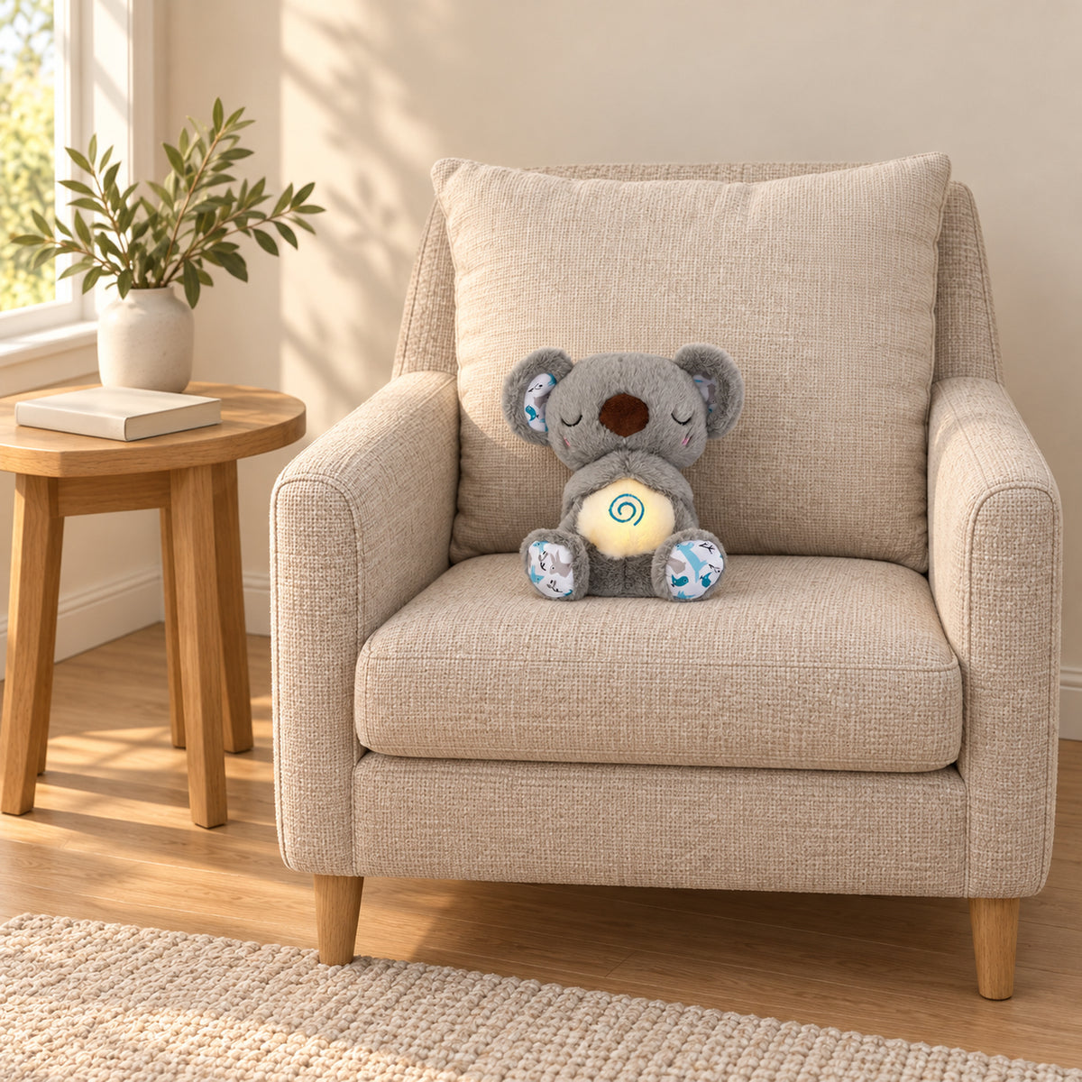 Gray koala plush seated on a linen armchair beside an oak table in a cream room