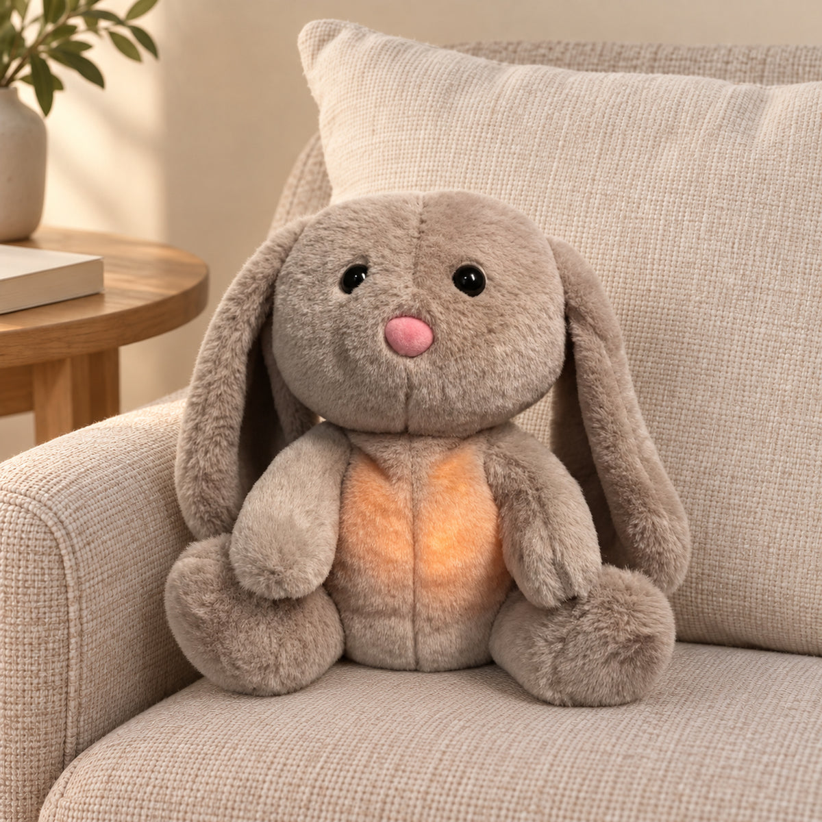 Taupe lop bunny plush with open black eyes and softly glowing belly on a linen armchair