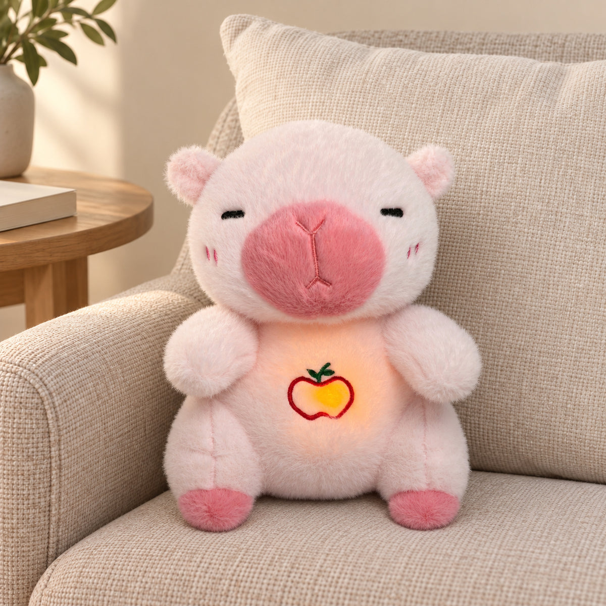 Pale pink capybara plush with pink muzzle and glowing embroidered apple on a linen armchair