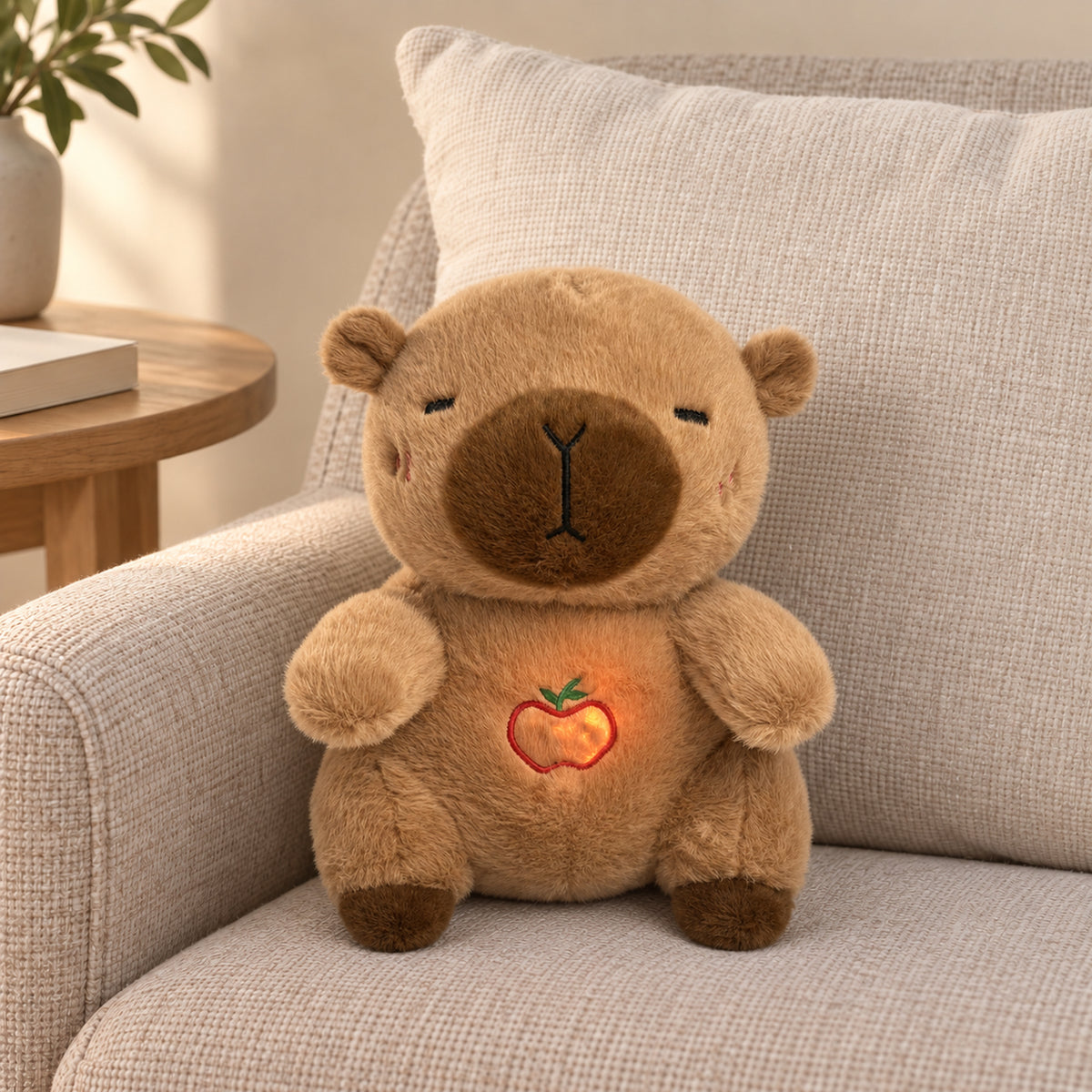 Brown capybara plush with dark muzzle and glowing embroidered apple seated on a linen armchair