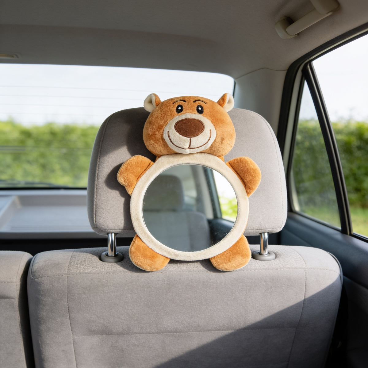 Brown plush Bear design rear-facing baby car mirror with a cream ring on the same empty grey back-seat headrest