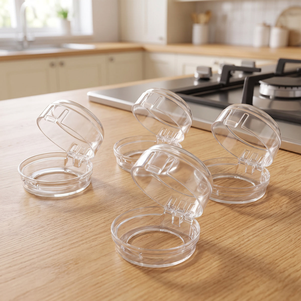 Four clear stove knob covers on a light oak kitchen countertop