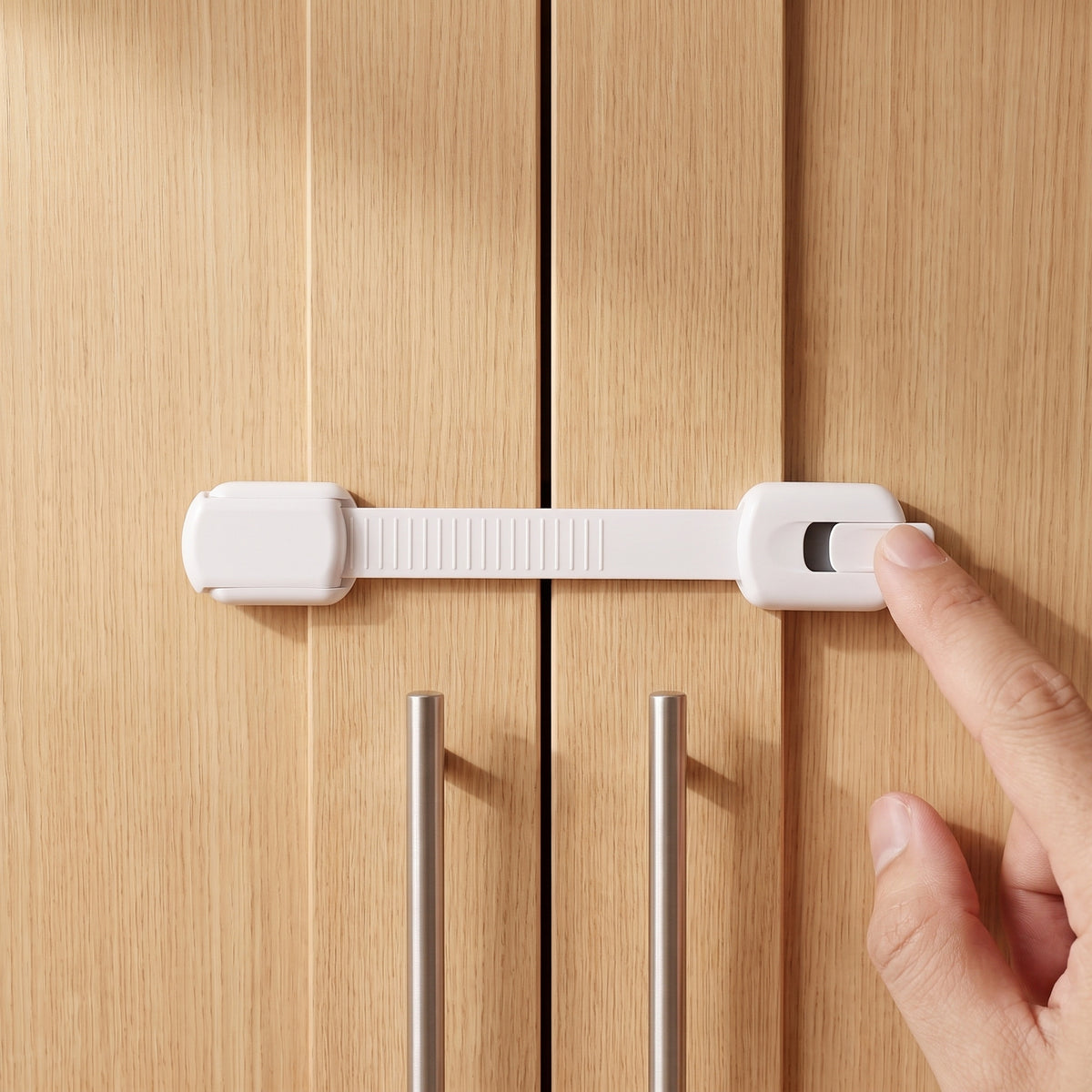 Fingertip sliding the lock button to release the catch on a pair of cabinet doors