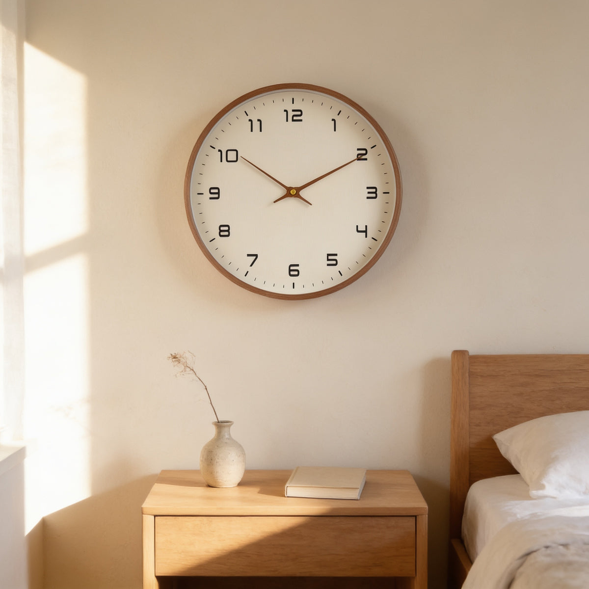 Cream dial wooden wall clock above a bedside table in a sunlit bedroom