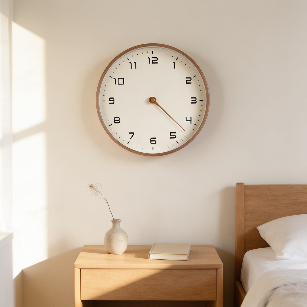 Cream dial wooden wall clock with a sweeping second hand above a bedside table