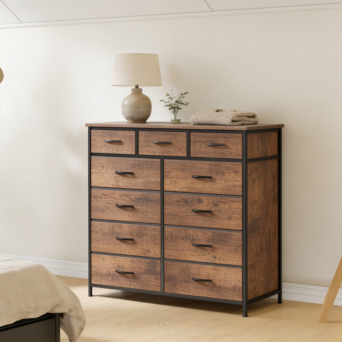 Brown 9-drawer fabric dresser with steel frame in a bedroom.