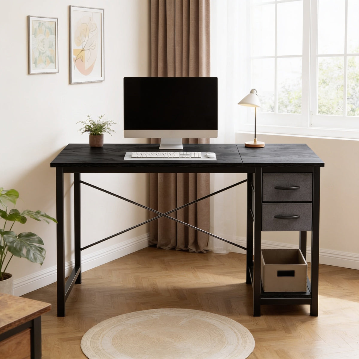 47 inch black computer desk with fabric drawer tower.