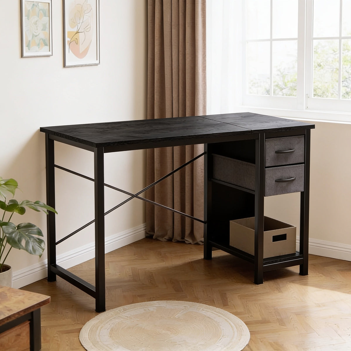 40 inch black computer desk with fabric drawer tower.
