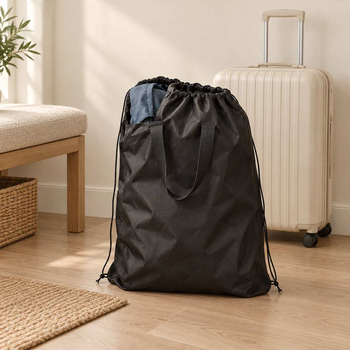 Black compact travel bag partly open around a folded blue stroller canopy beside entryway luggage