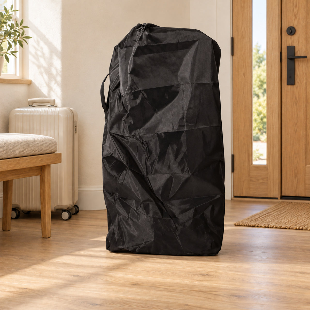 Black long stroller travel cover with side carry handle standing beside luggage in a warm entryway