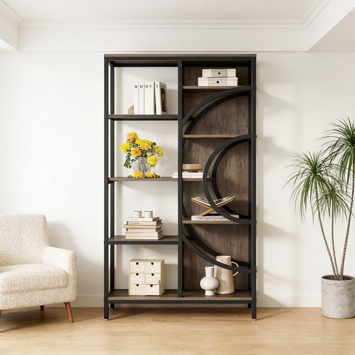 Concentric Arc style geometric etagere bookcase, black iron frame with gray-brown shelves, in a living room.