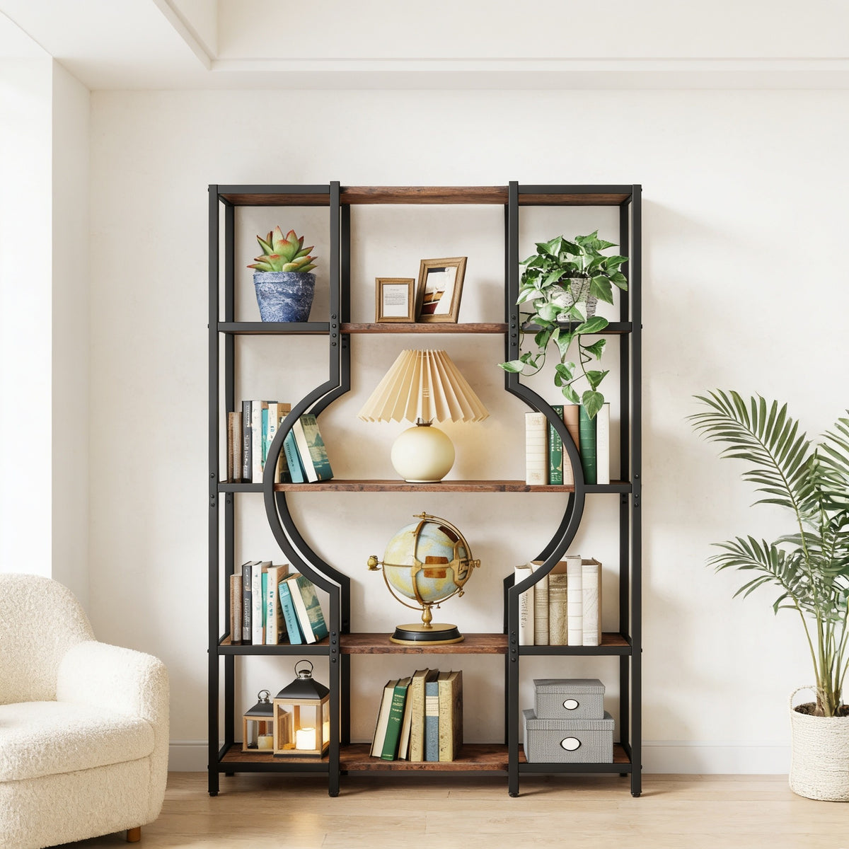 Arch style geometric etagere bookcase, black iron frame with rustic brown shelves, in a living room.
