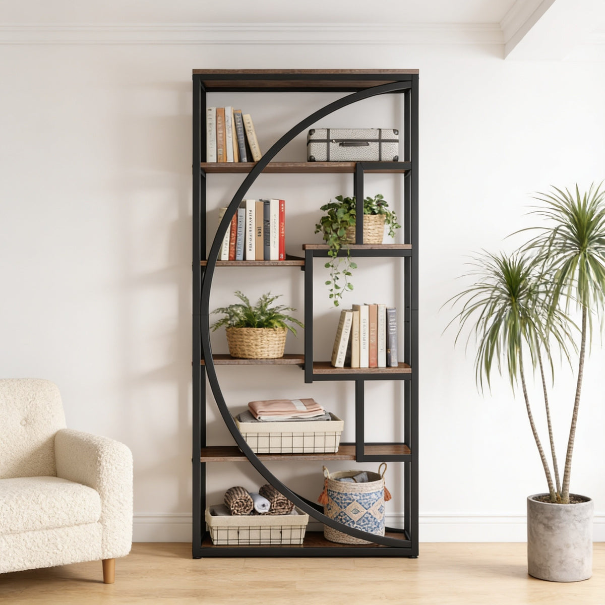 Full Arc style geometric etagere bookcase, black iron frame with rustic brown shelves, in a living room.