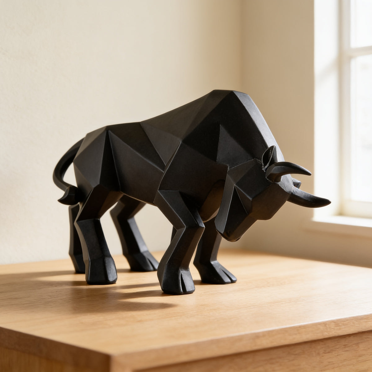 Low detail of the faceted bull's legs and hooves on oak — Faceted Geometric Bull Statue